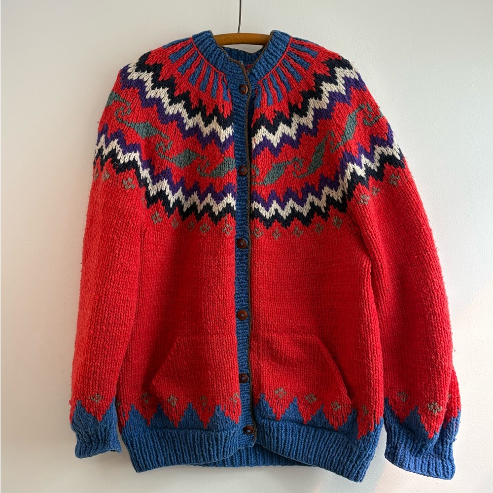 Vintage 80s-90s red chunky handknit Nordic/Peruvian cardigan with pockets